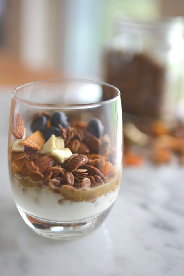 close-up view of a double-walled glass with a layer of milk at the bottom and topped with tropical granola