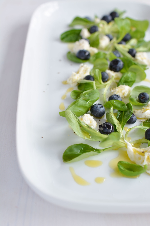 half-view image of a plate featuring caprese salad with blueberries, drizzled with olive oil, and topped with fresh mozzarella cheese