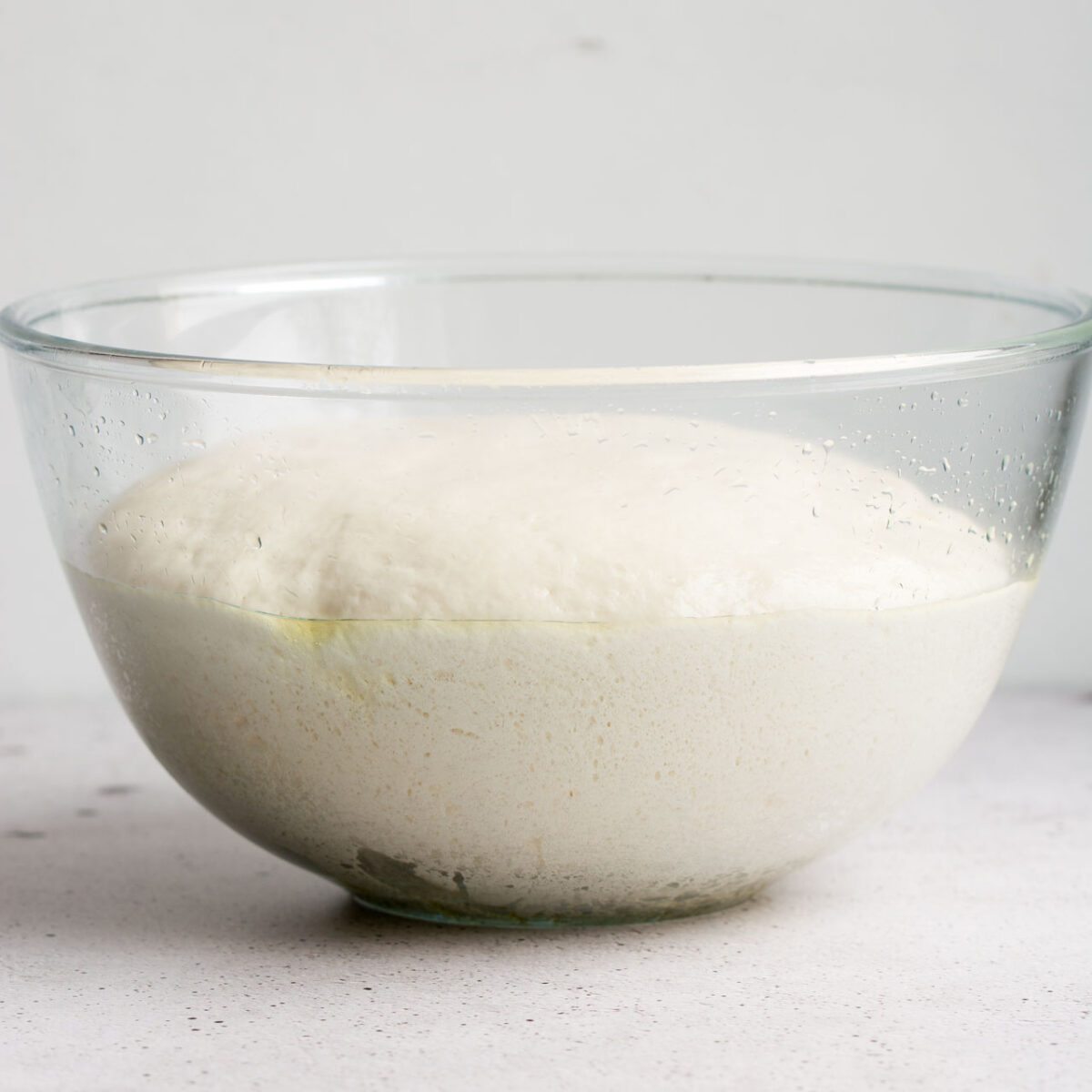 Risen dough in a mixing bowl.