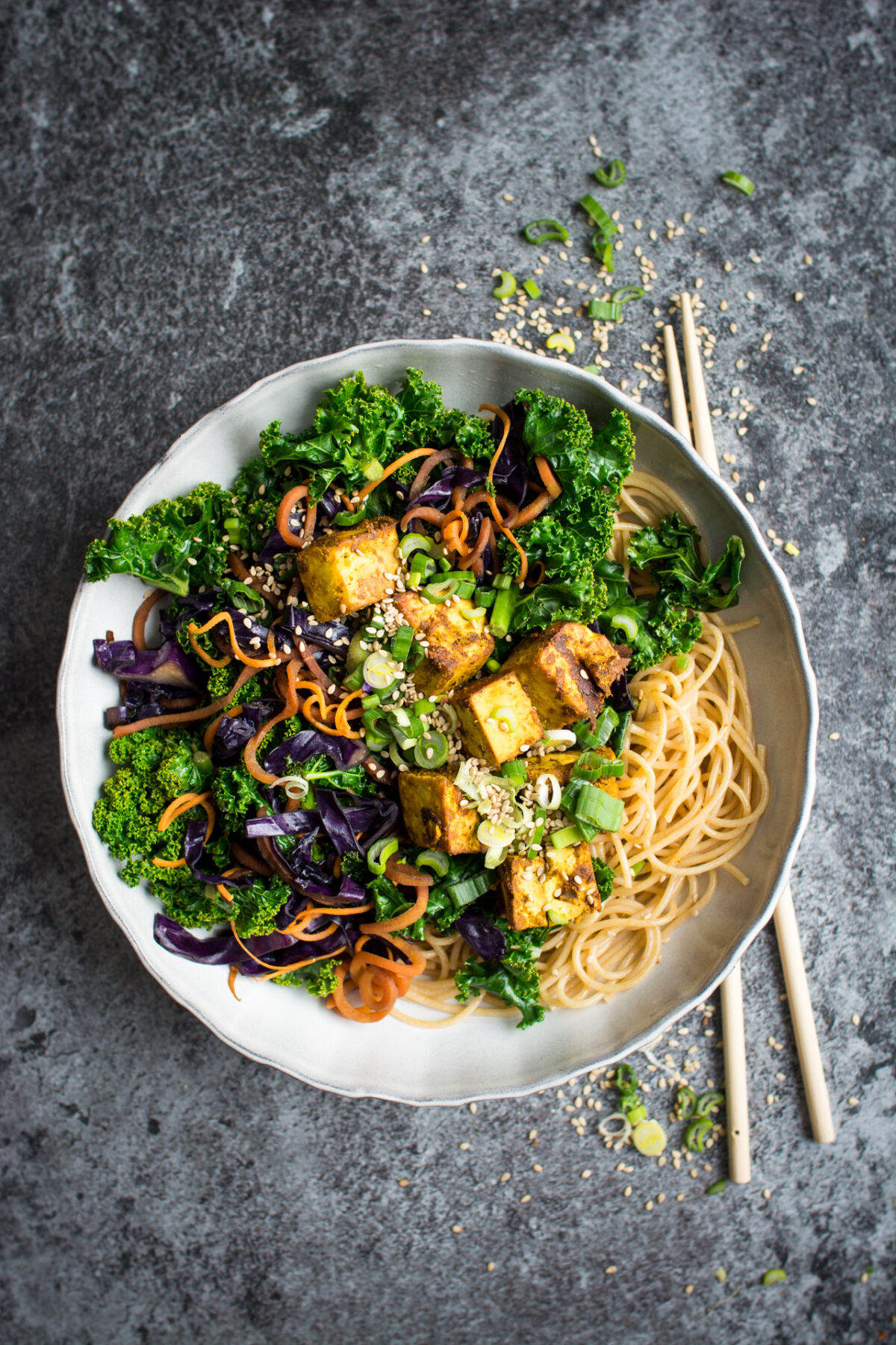 A nutritious kale stir fry with crispy curried tofu, perfect for a quick weeknight fix!