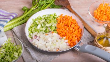 A skillet with diced celery, carrots, and onions. Celery stalks and carrots are in the background.