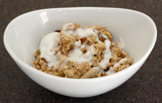 A bowl of spiced muesli with coconut milk.