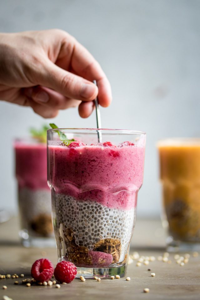 Cinnamon Rawnola layered with chia pudding and berry smoothie!