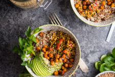 Warm Lentil and Tomato Salad with chilli roasted chickpeas. A delicious vegan meal!